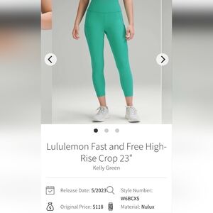 NWOT lululemon Fast And Free W/pockets 23in Kelly Green Leggings Sz 0